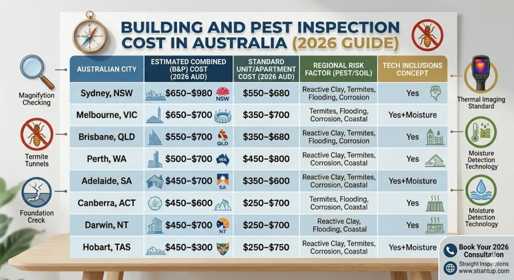 Building and pest inspection cost comparison table for Australian cities 2026