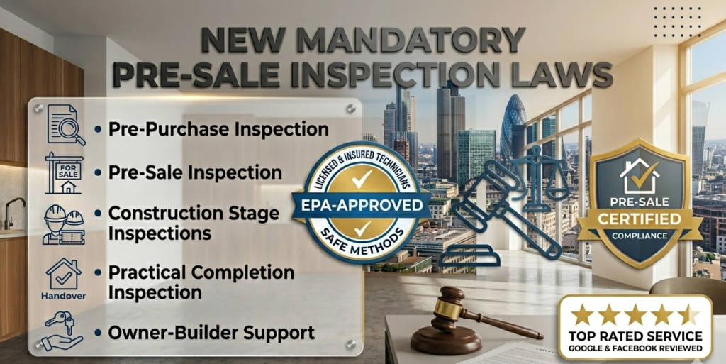 Pre-Sale Inspection Laws Compliance Guide - Australia Infographic showing new mandatory pre-sale inspection services including pre-purchase and construction stage inspections with city building background.