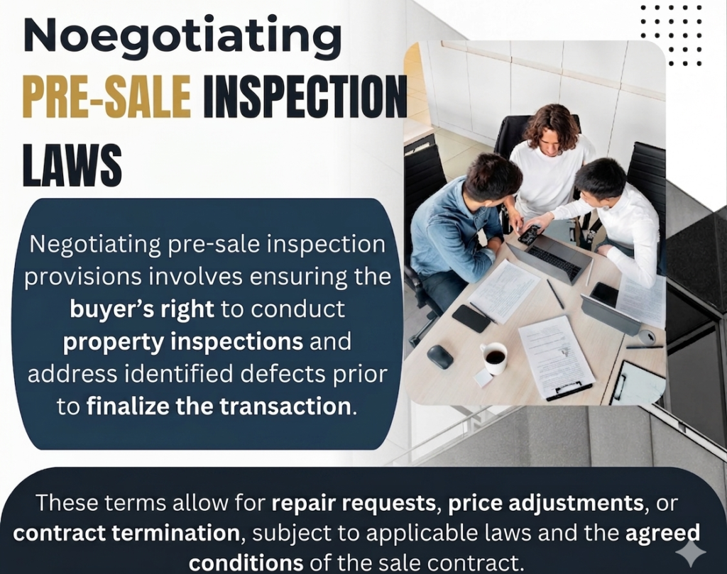 Negotiating Pre-Sale Inspection Laws and Repair Requests Legal professionals in an office discussing pre-sale inspection laws and contract negotiation terms.
