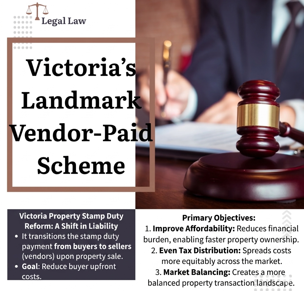 Victoria Property Law - Vendor-Paid Stamp Duty Scheme Legal gavel on a desk with a background of a professional lawyer, illustrating Victoria's Landmark Vendor-Paid Scheme for stamp duty reform.