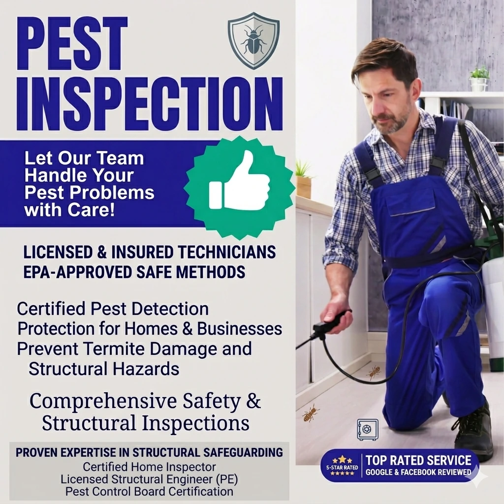 Certified home and pest inspection services banner with Google and Facebook top rated service badge