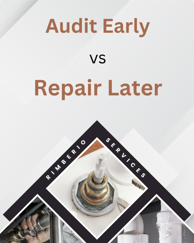 rimberio-plumbing-audit "Audit Early VS Repair Later" text above plumbing images by Rimberio Services.