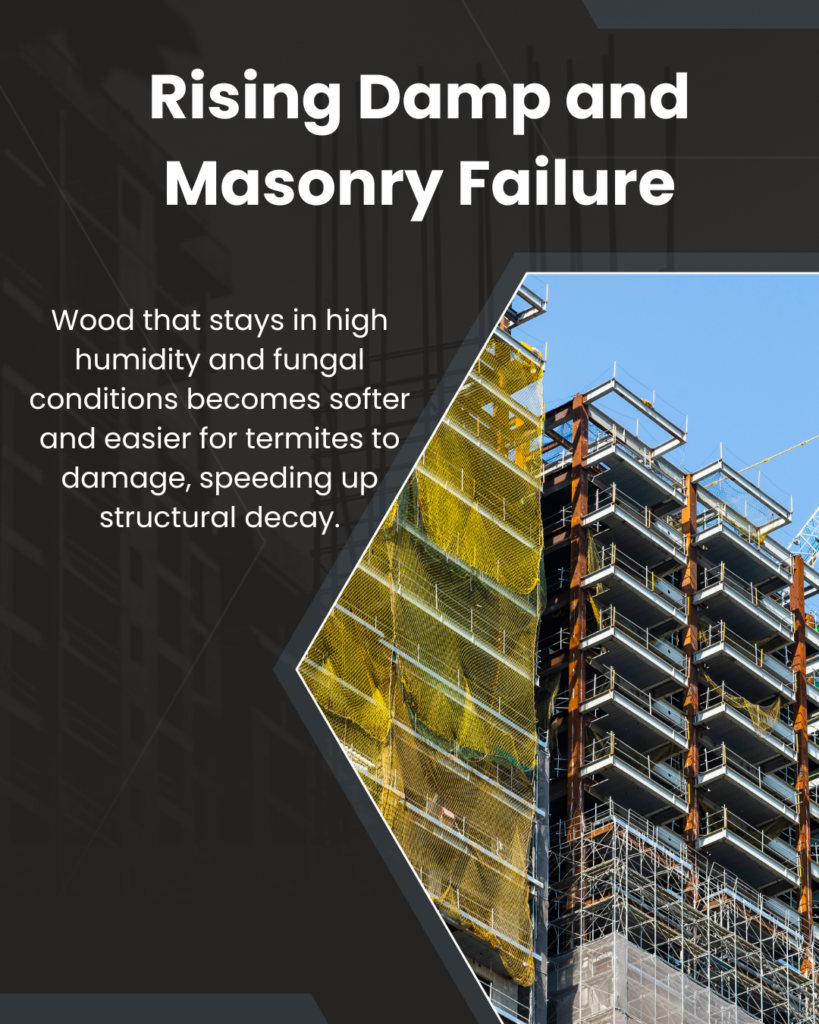 rising-damp-masonry-failure-infographic Structural defect graphic explaining how rising damp and high humidity cause wood decay and termite vulnerability in buildings.