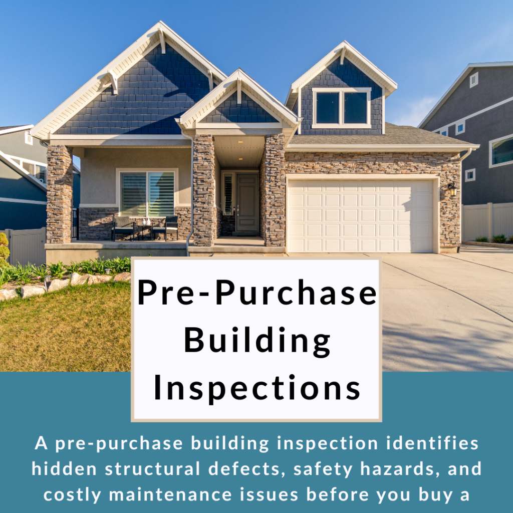 pre-purchase-building-inspection-infographic Pre-Purchase Building Inspections graphic overlay on a modern two-story residential house exterior.