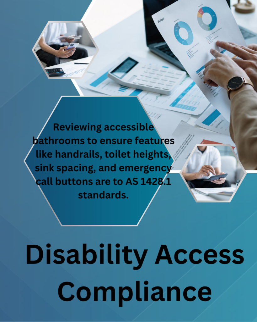 Disability Access Compliance AS 1428 Audit Disability Access Compliance graphic highlighting AS 1428.1 bathroom inspection standards for commercial building audits.