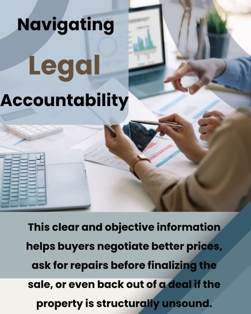 title="Legal Accountability in Real Estate" "Navigating Legal Accountability" showing professionals at a desk with text about using information to negotiate property prices and repairs.