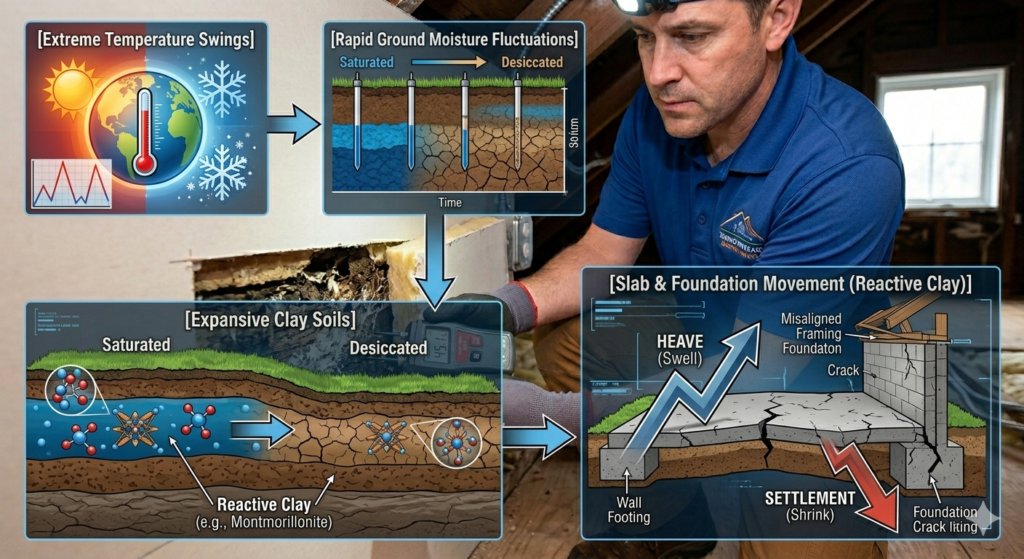reactive-clay-soil-slab-foundation-settlement A technical infographic detailing how extreme temperature swings and reactive clay soils cause slab heave and foundation settlement cracks.
