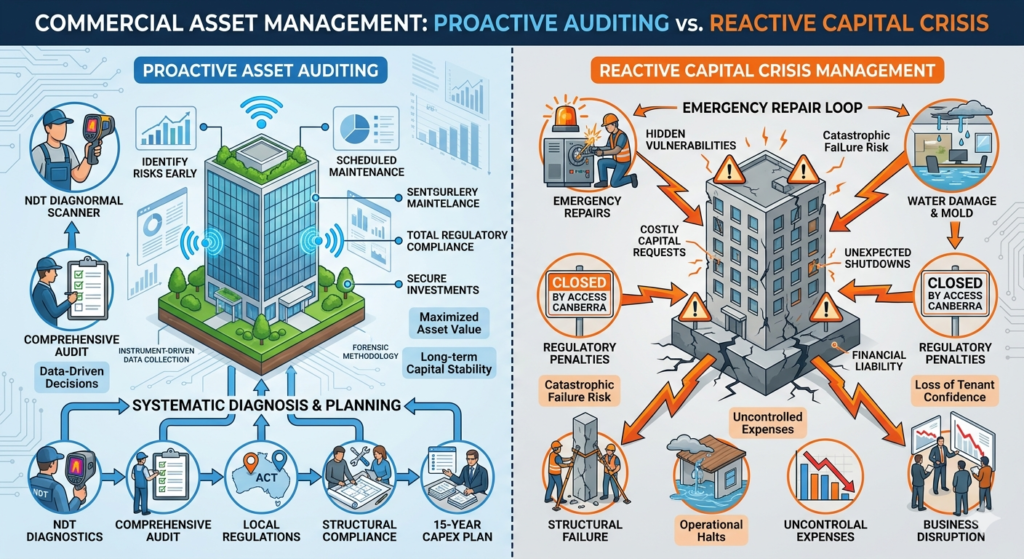 Proactive Asset Auditing vs Reactive Capital Crisis Management Infographic comparing Proactive Asset Auditing using NDT diagnostics and 15-year CAPEX planning against Reactive Capital Crisis Management featuring structural failures, water damage, and Access Canberra closure penalties.