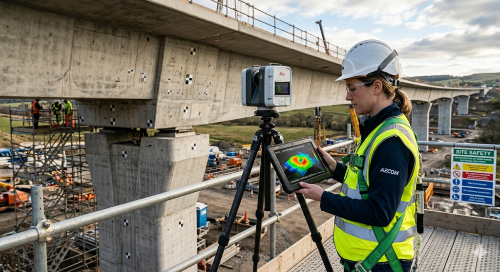Professional female surveyor using a 3D laser scanner and rugged tablet to inspect a concrete bridge viaduct structure on a construction site.
