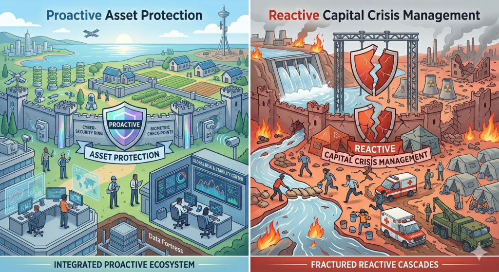 A split illustration contrasting a secure, high-tech "Proactive Asset Protection" ecosystem behind strong walls with a chaotic, fiery "Reactive Capital Crisis Management" scene full of emergency vehicles and broken shields.