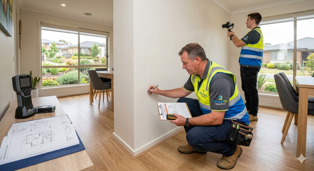 assessing-structural-settlement-minor-defects-warranty StraightUp Inspections building consultants assessing wall settlement cracks and auditing property defects inside a Canberra home before the minor defects warranty expires.