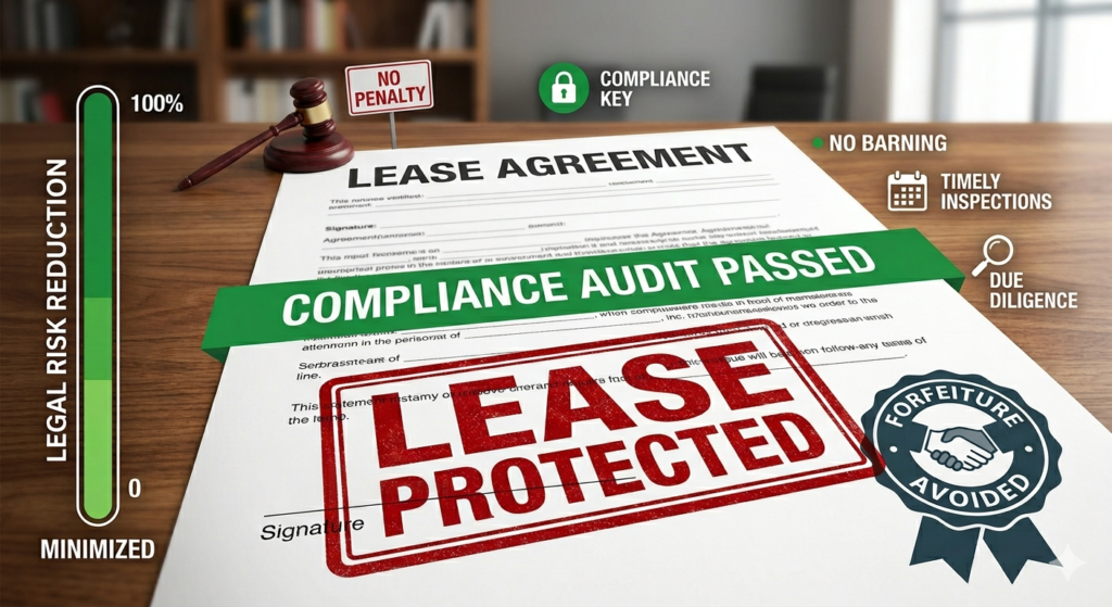 preventing-legal-penalties-lease-forfeiture A secure commercial lease agreement document on a wooden desk featuring a green ribbon badge reading compliance audit passed and a red lease protected stamp.