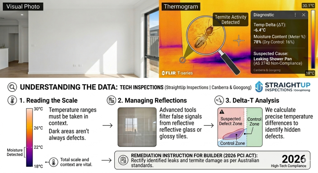thermal-camera-moisture-leak-detection-act A close-up view of an infrared thermal imaging camera screen revealing hidden moisture intrusion and water leakage behind a residential wall cavity in Canberra.