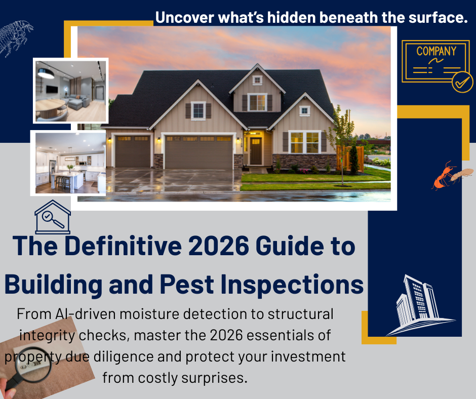 A professional property inspection guide cover featuring a modern suburban home at sunset, interior living and kitchen shots, and icons representing structural integrity and pest detection. Text reads: "The Definitive 2026 Guide to Building and Pest Inspections.
