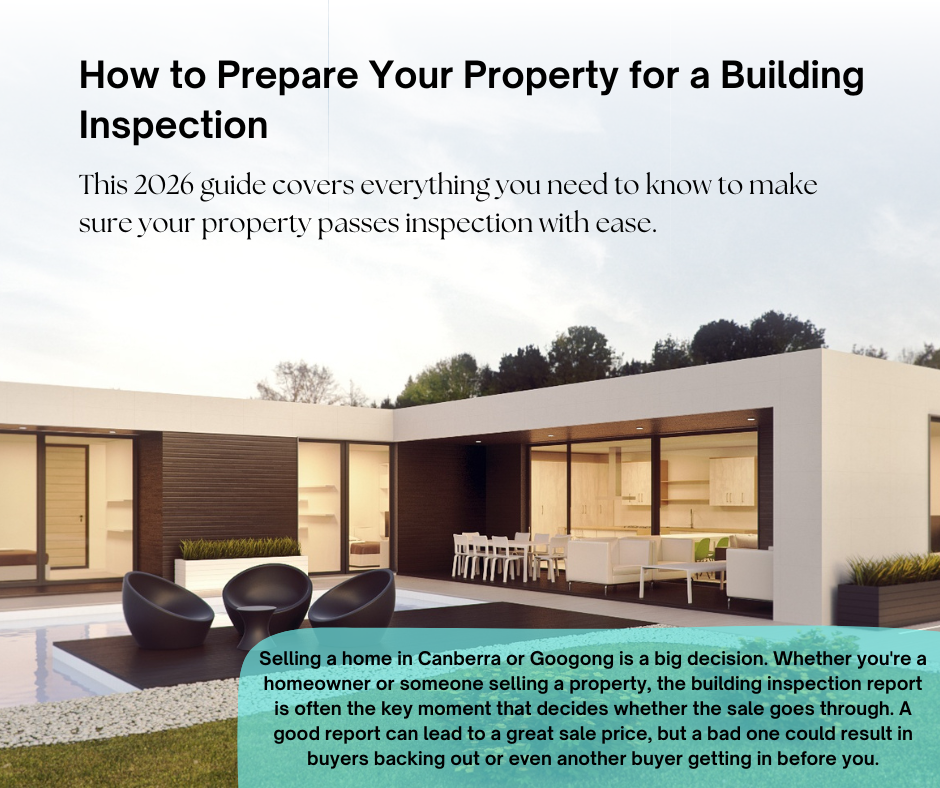 Professional guide on how to prepare your property for a building inspection in Canberra and Googong, featuring a modern home with a pool and 2026 inspection standards.