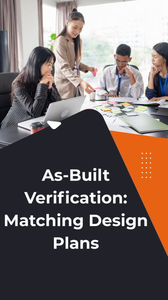 act-commercial-as-built-verification-plans Graphic image showing a commercial fit-out planning meeting with professionals analyzing layouts over a desk, overlaid with text reading As-Built Verification Matching Design Plans.