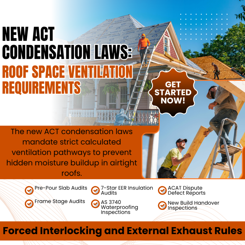 ACT Condensation Laws Roof Space Ventilation Requirements Australia Workers installing roof ventilation system under new ACT condensation laws to prevent moisture buildup in residential roofing.