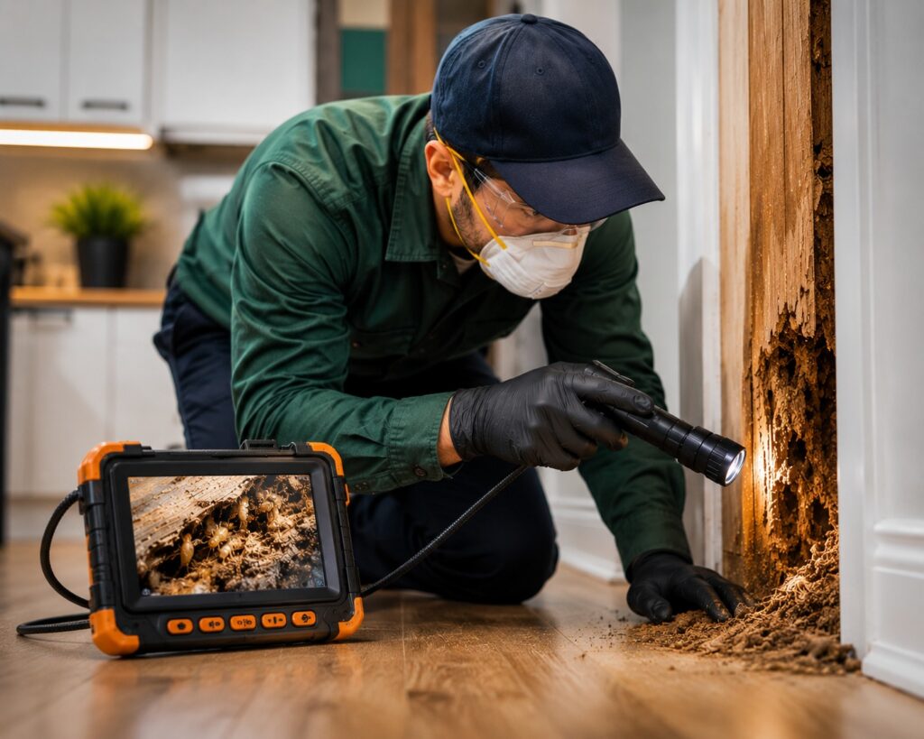 Detailed view of structural timber hollowing caused by active termites.