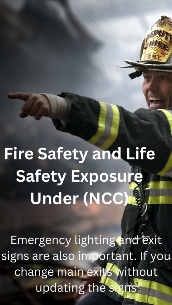 Alt Text (alt): An FDNY deputy fire chief in protective turnout gear points urgently into the distance amidst a smoky backdrop, overlaid with text about fire and life safety exposure under NCC.