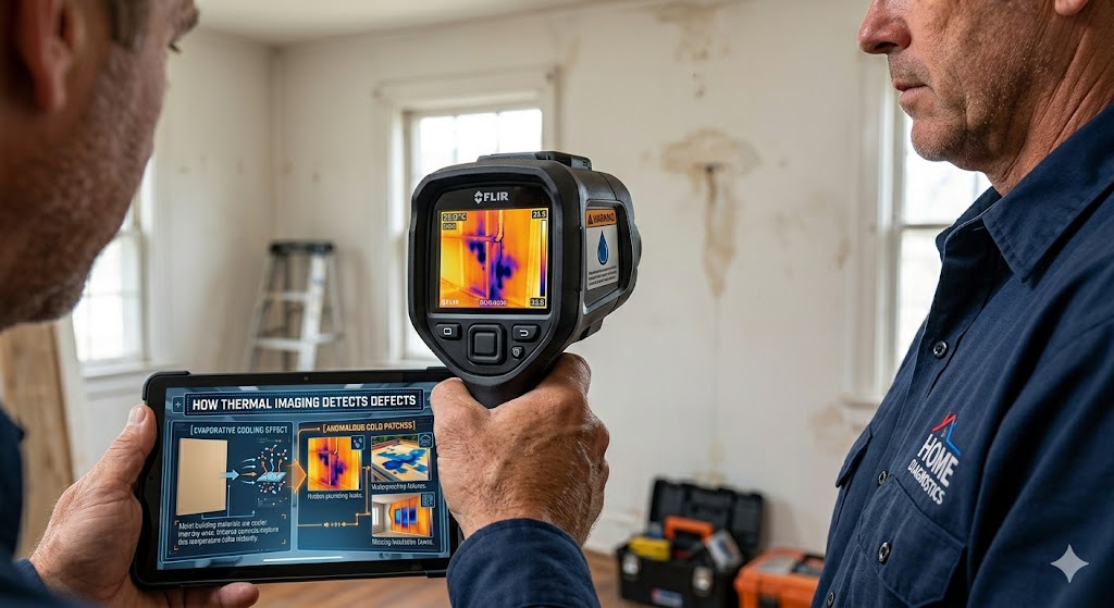thermal-imaging-moisture-leak-detection-inspection An inspector using a FLIR thermal imaging camera to detect hidden moisture patches and plumbing leaks behind a damaged wall cavity.