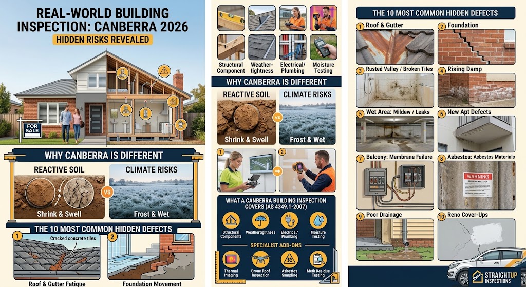 Buying in Canberra? Discover the 10 most common building defects, what a pre-purchase inspection covers in 2026, and how Canberra's reactive clay soil and climate create hidden risks for home buyers. Book your inspection with StraightUp Inspections.